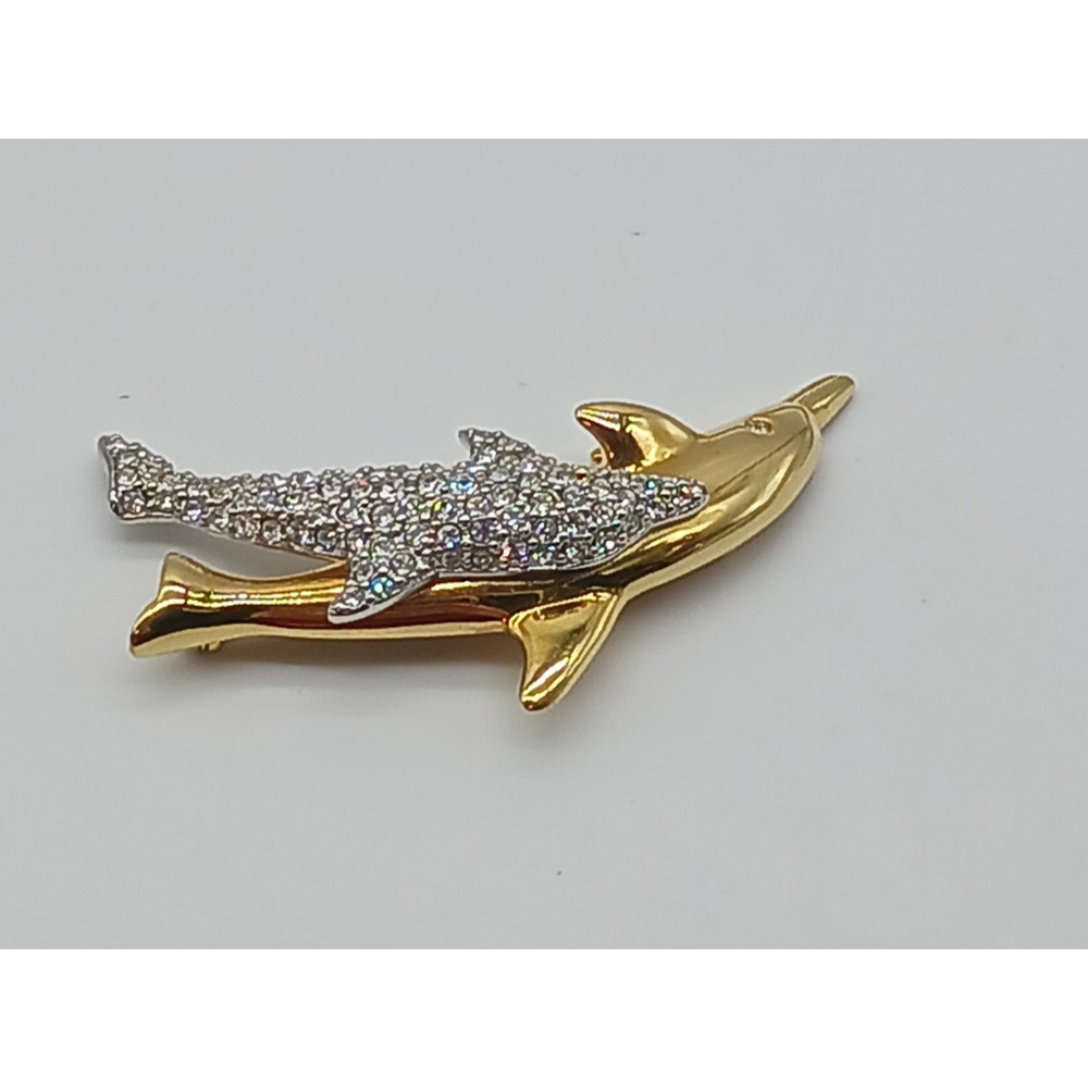 Vintage Swarovski Gold Tone Rhinestone Dolphin Brooch Figural Mother & Baby - Picture 2 of 3